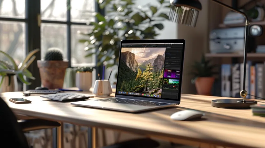 MacBook hiper-realista em mesa minimalista com acessórios, iluminação suave e interface vibrante na tela.