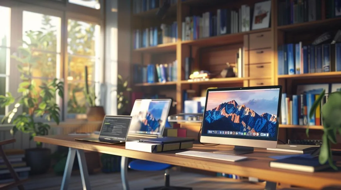 Foto hiper-realista de espaço de trabalho com MacBooks sobre mesa minimalista de madeira.