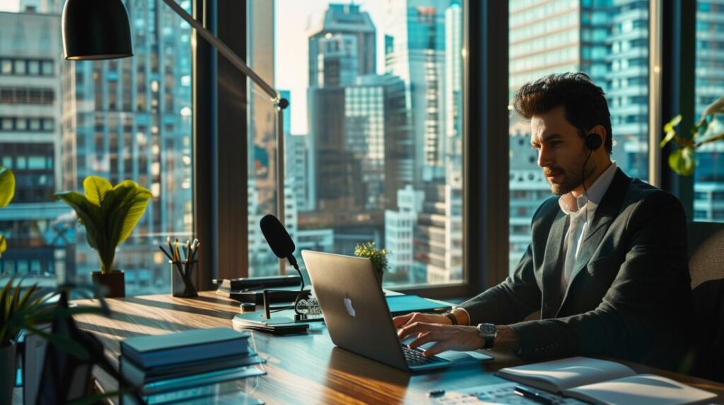 Qual o melhor lavalier mic para MacBook Pro? 2 Profissional de tecnologia usando mic lapela em MacBook Pro em escritório moderno e elegante.