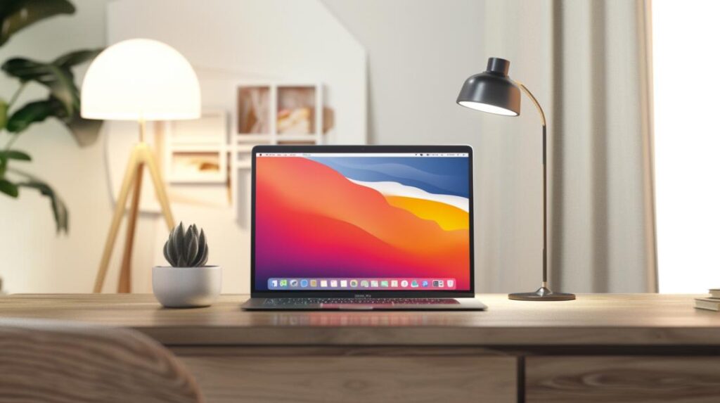 Fotografia hiper-realista do MacBook Pro em um espaço de trabalho minimalista e elegante.