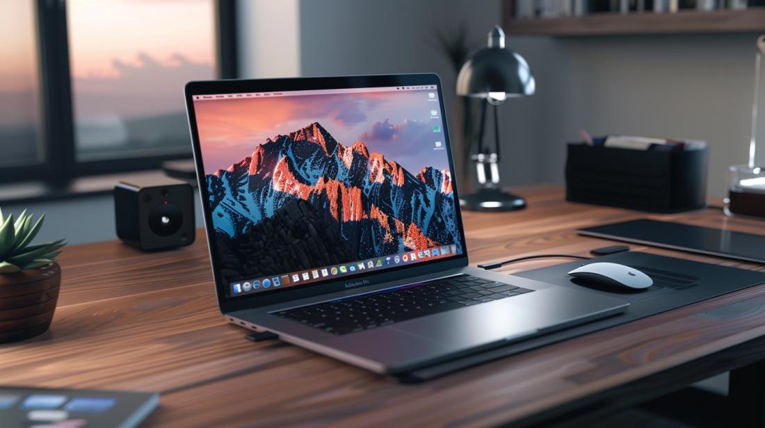 Uma mesa minimalista com MacBook Pro, mouse ergonômico e iluminação ambiente suave.