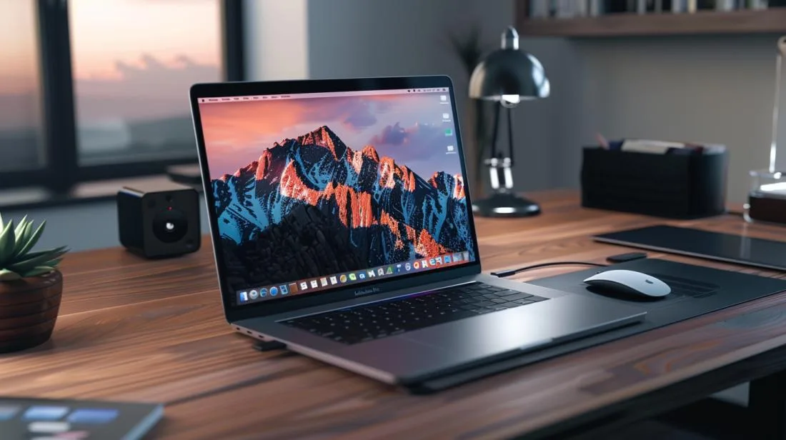 Uma mesa minimalista com MacBook Pro, rato ergonómico e iluminação ambiente suave.