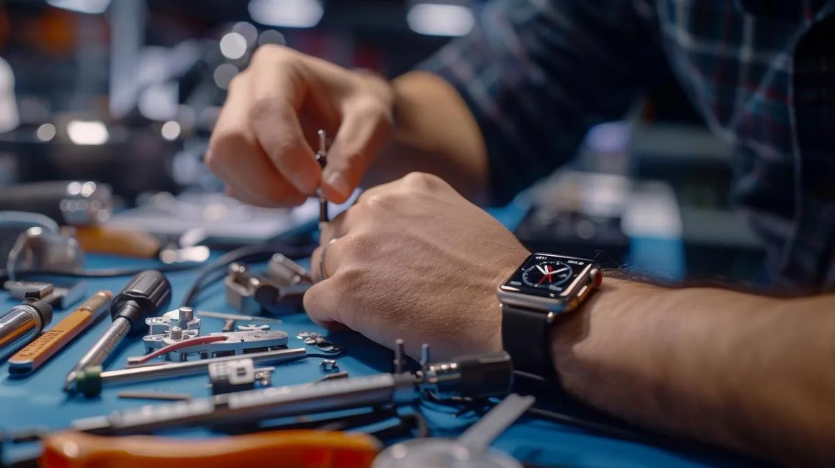Técnico da Apple repara minuciosamente um Apple Watch em estação de serviço autorizada e bem organizada.