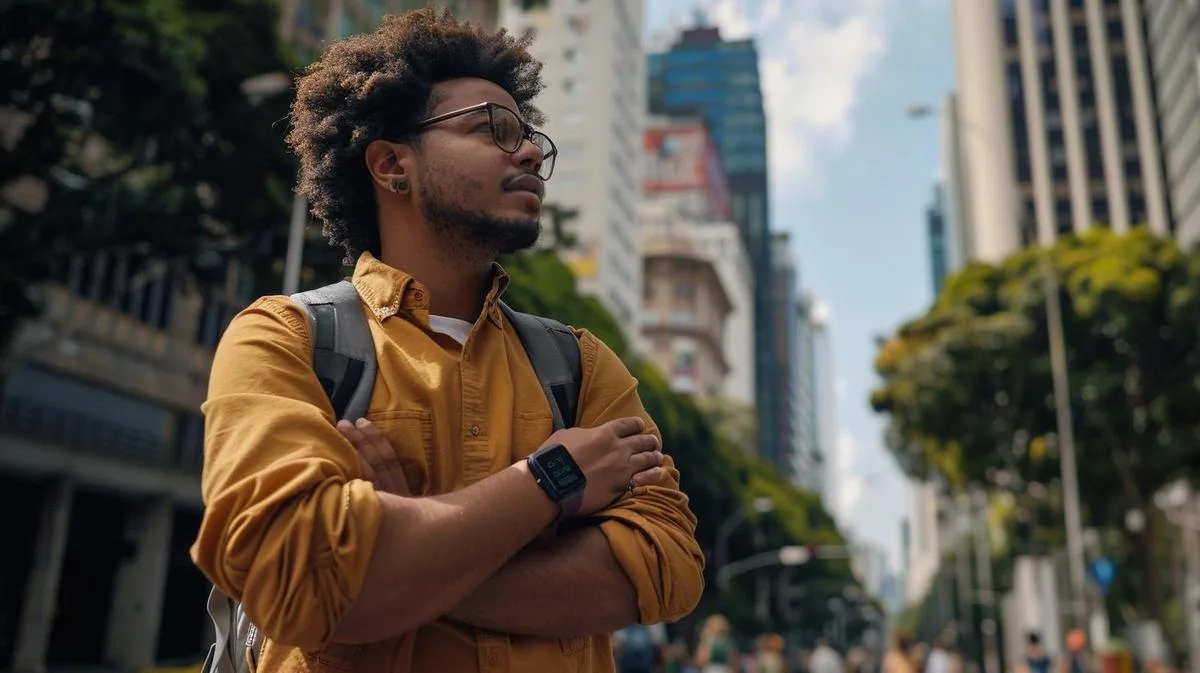 Profissional moderno em São Paulo destacando o novo Apple Watch com a cidade ao fundo.