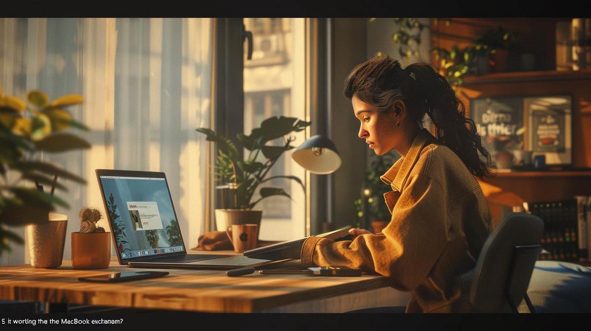 Fotografia hiper-realista de pessoa decidindo sobre programa de troca de MacBook em escritório moderno.