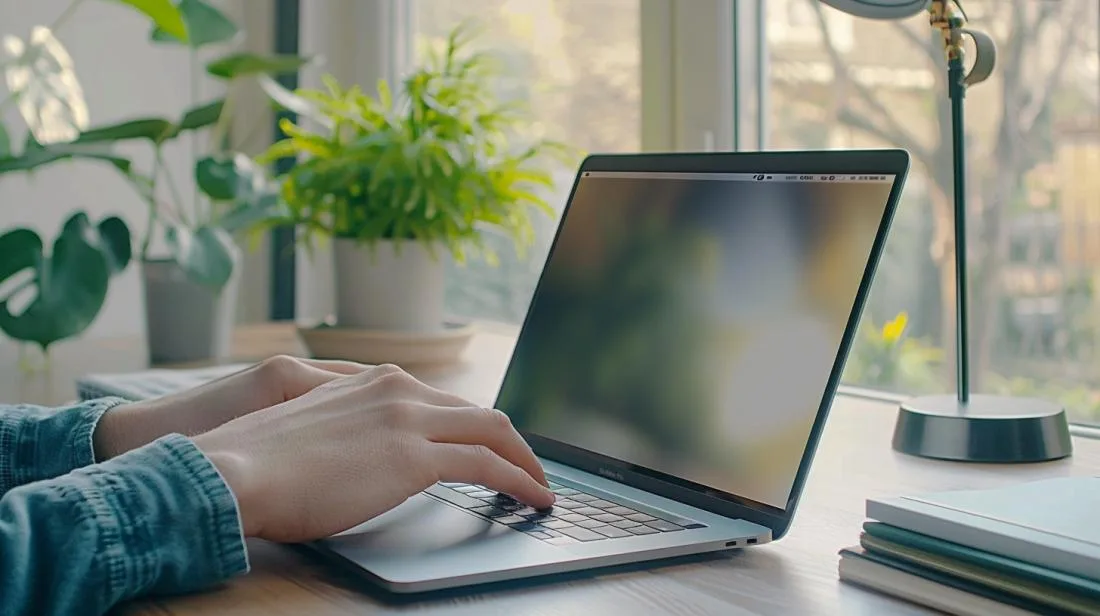 Usuário reiniciando SMC de um MacBook Pro em escritório minimalista iluminado por luz natural.