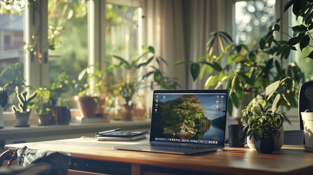 Fotografia hiper-realista de usuário concentrado em MacBook em home office minimalista e moderno.