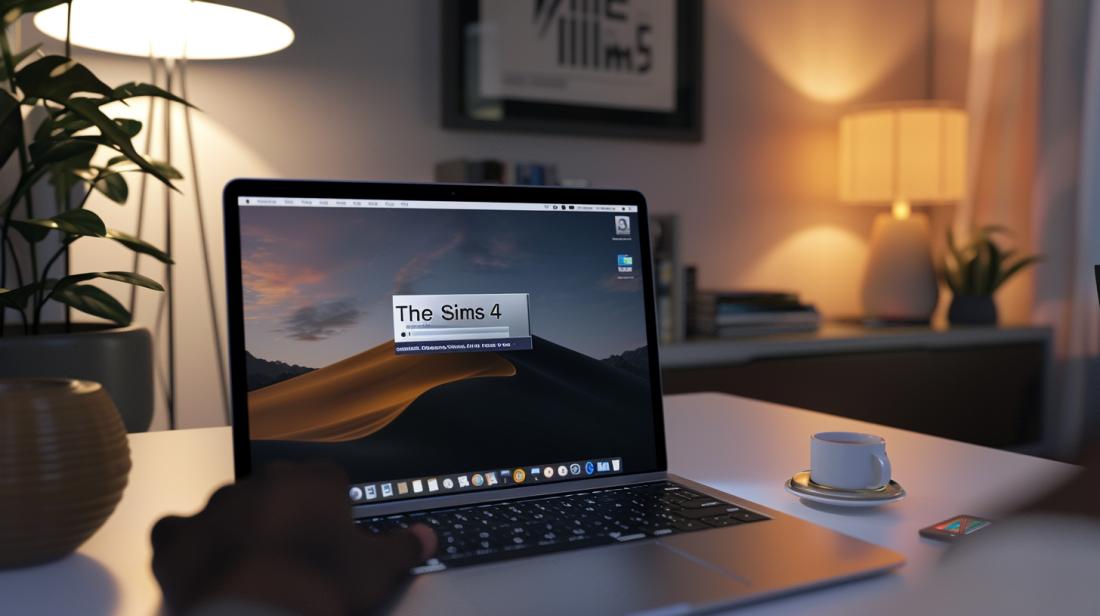 Fotografia hiper-realista de um MacBook numa casa moderna, instalando "The Sims 4".