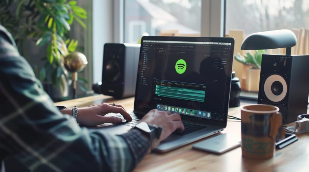 Foto hiper-realista de indivíduo instalando o Spotify em um MacBook Pro em ambiente moderno.