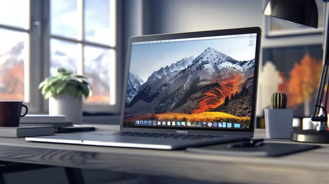 Fotografia hiper-realistas de MacBook Pro com guia de instalação do Stremio na tela.