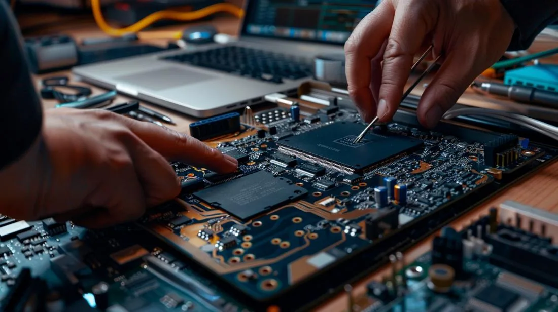 Técnico substituindo bateria de um MacBook Pro em uma bancada organizada e bem iluminada.