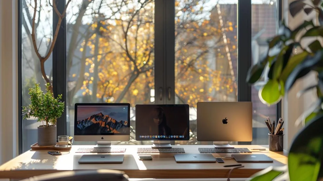 Fotografia hiper-realista de MacBooks em um escritório moderno, com luz natural e acessórios elegantes.