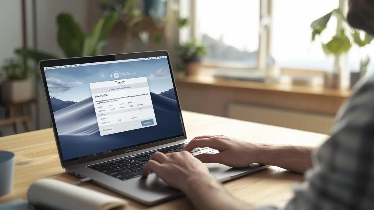Foto hiperrealista de usuário instalando TeamViewer em um MacBook Pro em espaço de trabalho moderno.