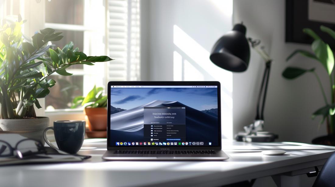 Fotografia de workspace elegante com MacBook exibindo a página de instalação do Microsoft Teams.