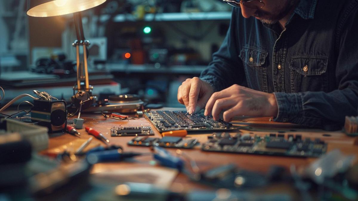 Especialista em tecnologia reparando meticulosamente teclado de MacBook em bancada moderna, foco na precisão.