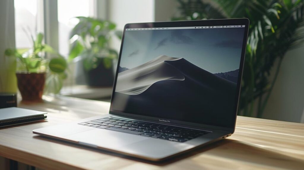 Tela MacBook Falhando: Quais São as Causas Comuns? 2 Fotografia hiper-realista de MacBook Pro com tela falhando, linhas verticais e luz natural.