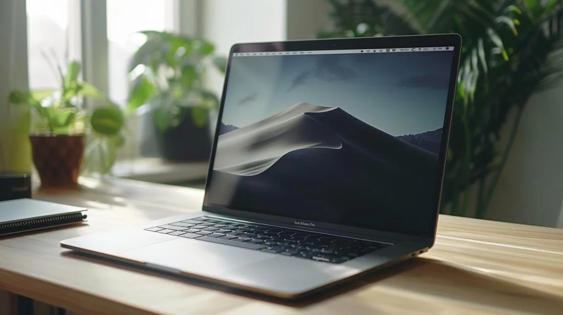Fotografia hiper-realista de MacBook Pro com tela falhando, linhas verticais e luz natural.
