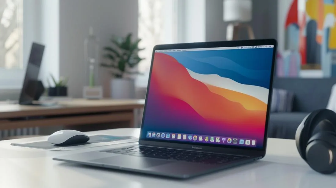 Fotografia hiper-realista de um MacBook moderno em uma mesa branca minimalista, cercado por gadgets tecnológicos.