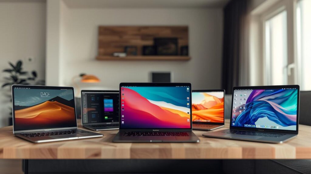 Linha de modelos do MacBook Pro em mesa minimalista, de cettecando evolução tecnológica e design.