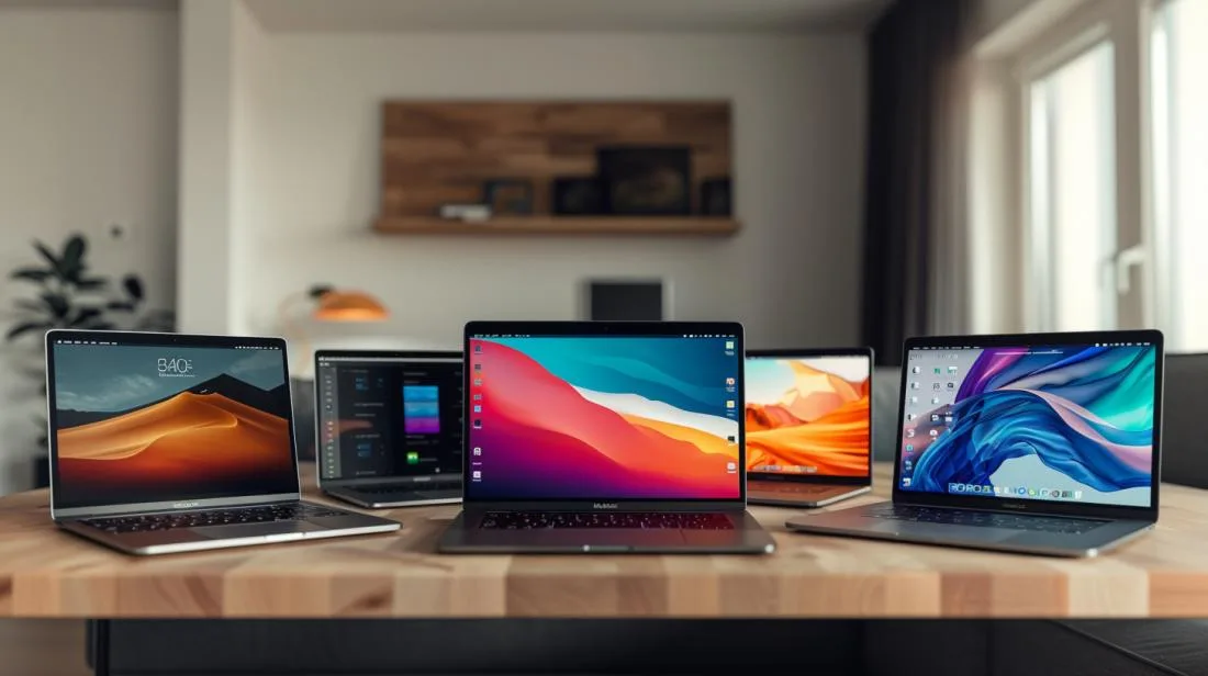 Linha de modelos do MacBook Pro em mesa minimalista, destacando evolução tecnológica e design.