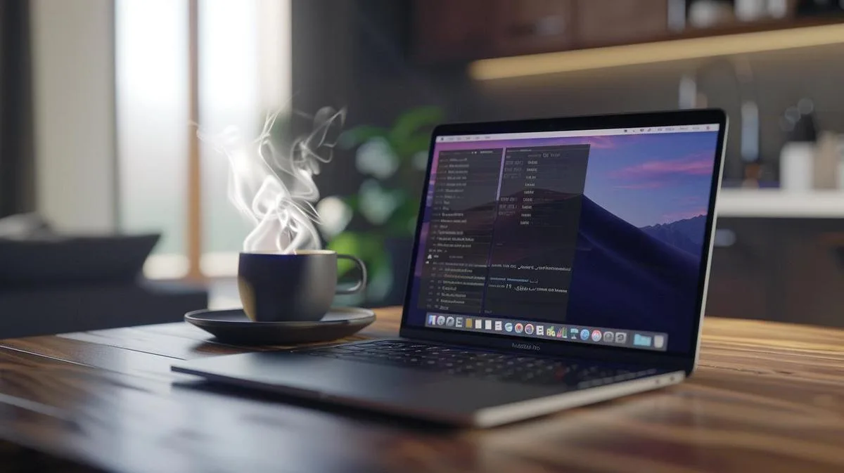 Usuário do MacBook Pro baixando torrents em espaço de trabalho minimalista com luz natural.