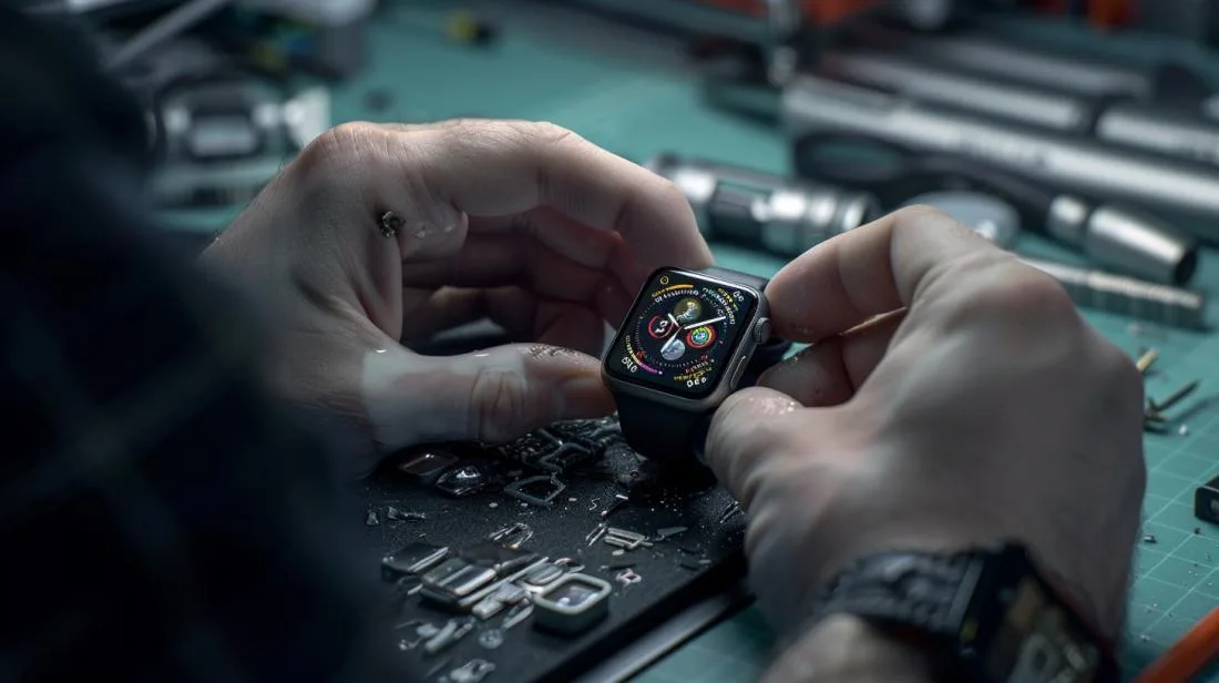 Técnico minuciosamente substituindo a batteria de um Apple Watch em um ambiente de reparo moderno.