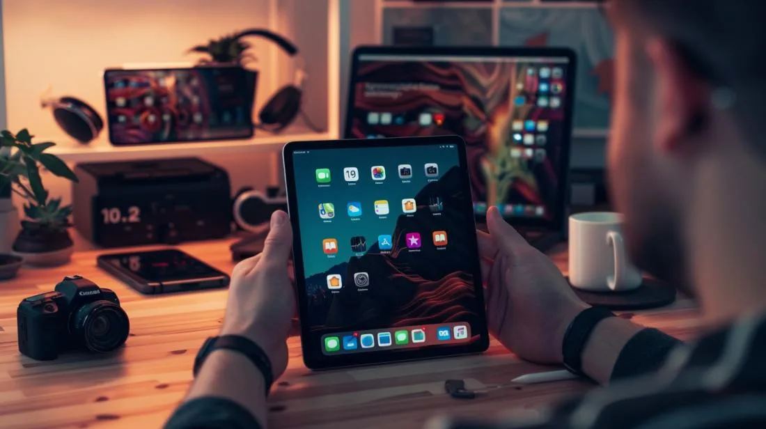 Profissional avaliando o iPad 2019 em um escritório minimalista, cercado por tecnologia moderna.