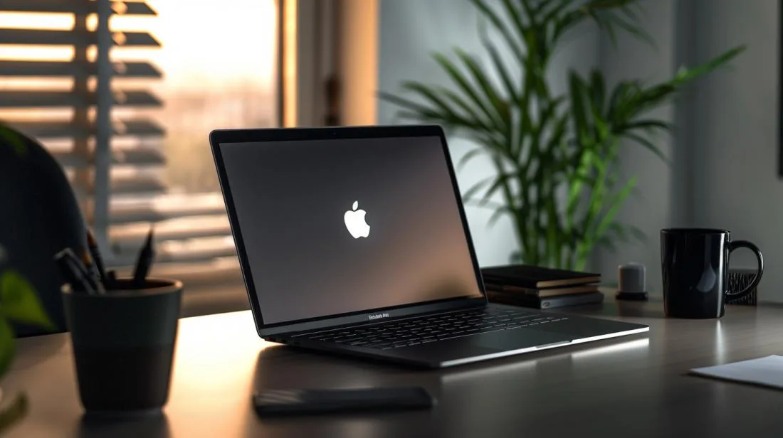 MacBook Pro 2013 impecável em mesa moderna, com logo iluminado e luz natural suave.