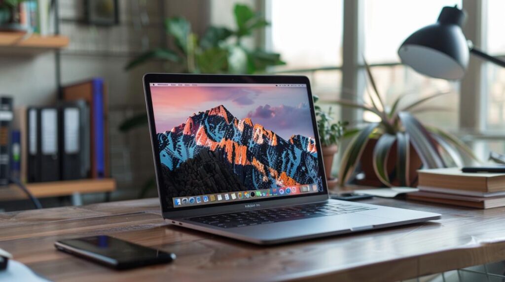 Vale a pena comprar um MacBook Pro 2015 usado? 2 Foto de um MacBook Pro 2015 bem conservado em uma mesa moderna e minimalista.