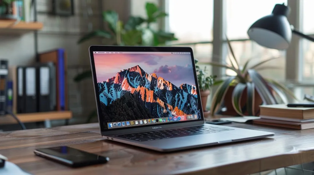 Foto de um MacBook Pro 2015 bem conservado em uma mesa moderna e minimalista.
