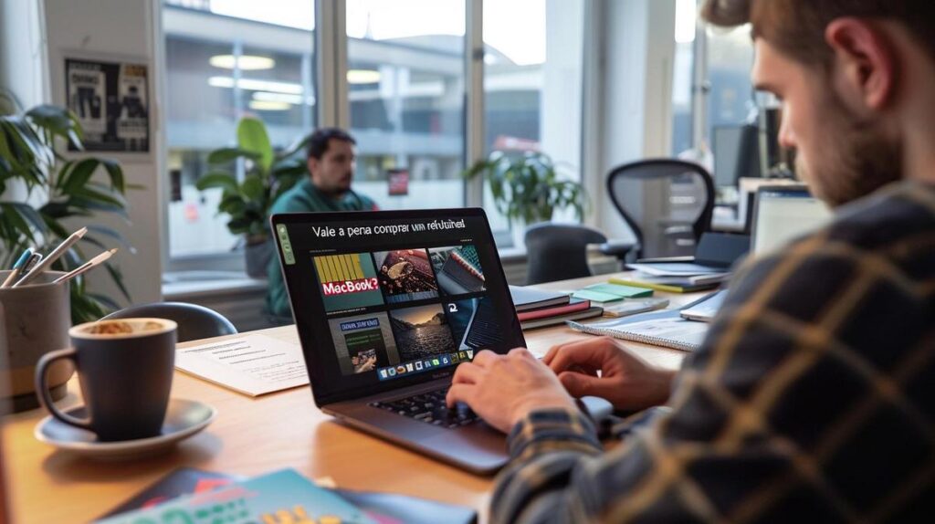 Vale a pena comprar um refurbished MacBook? 2 Comprador contemplando decisão de comprar MacBook recondicionado em escritório moderno e iluminado.