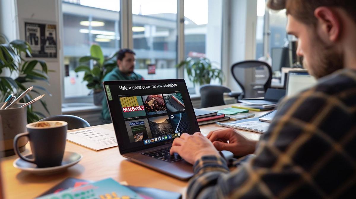 Vale a pena comprar um refurbished MacBook? 20 Comprador contemplando decisão de comprar MacBook recondicionado em escritório moderno e iluminado.
