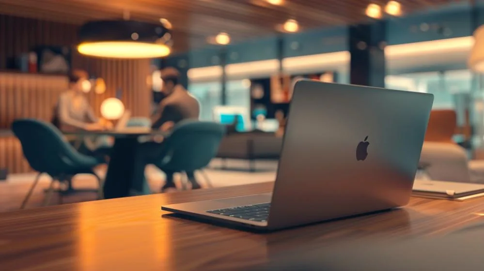 Fotografia hiper-realista de um profissional jovem avaliando um MacBook Pro em um escritório moderno.