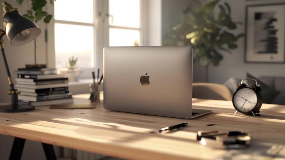 Homem analisa valor de revenda de MacBook Pro em ambiente moderno e iluminado.