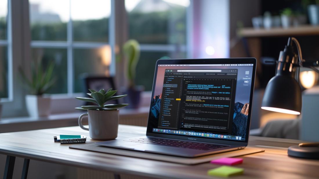 Fotografia hiper-realista mostrando a instalação do Visual Studio em um MacBook Pro.
