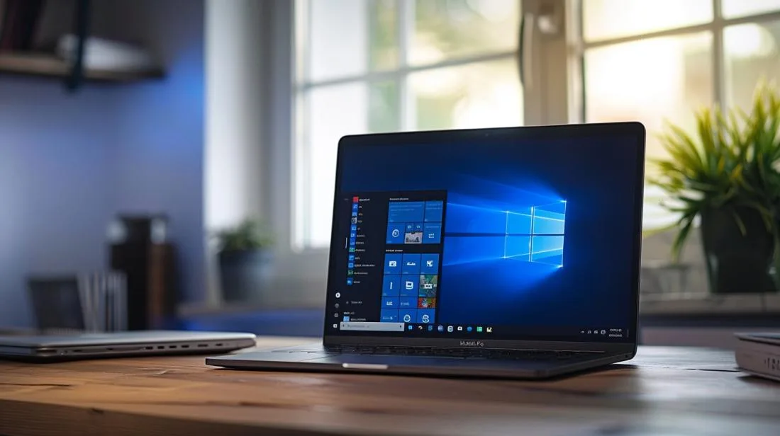 MacBook Pro com instalação do Windows em ambiente minimalista, fotografado com Canon EOS R5.