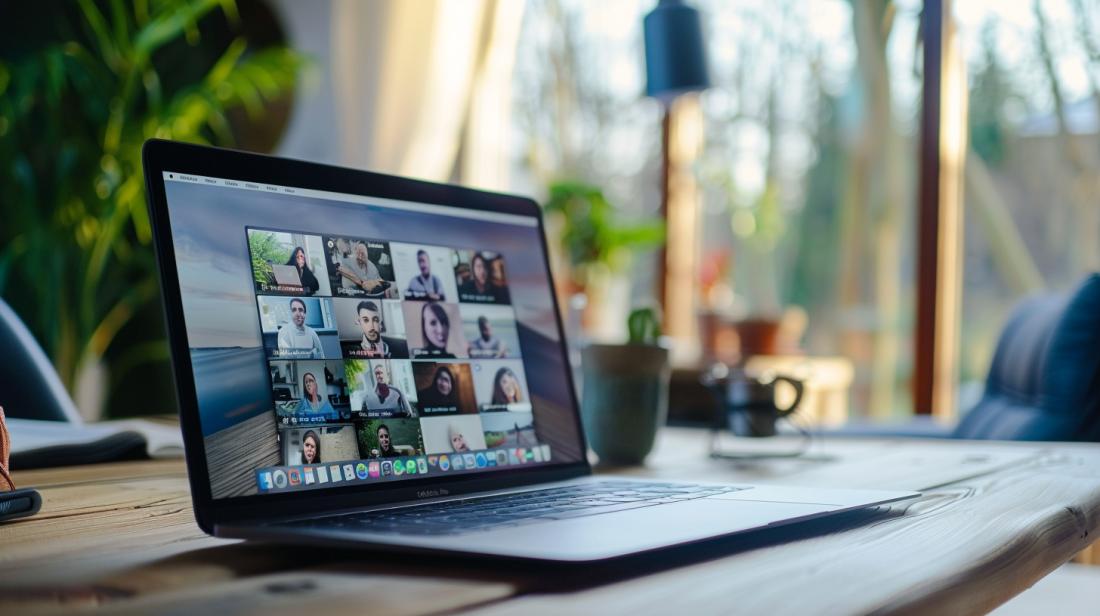 MacBook Air em videoconferência no Zoom, em um escritório moderno e iluminado, com detalhes hiper-realistas.