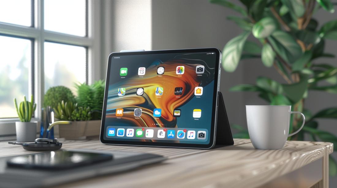 iPad 6 geração 32GB preço: quanto custa hoje? 10 Foto hiper-realista de um iPad 6ª geração em uma mesa de madeira organizada.