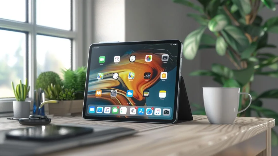 Foto hiper-realista de um iPad 6ª geração em uma mesa de madeira organizada.