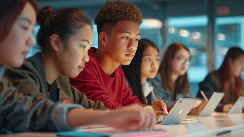 iPad 9.7: É indicado para estudantes? 2 Um grupo diversificado de estudantes usando iPads 9.7 em uma sala de aula moderna.