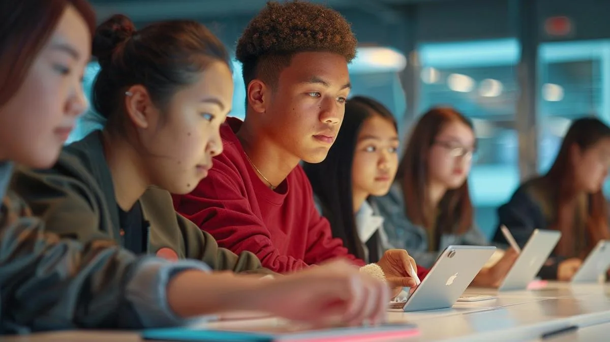 iPad 9.7: É indicado para estudantes? 23 Um grupo diversificado de estudantes usando iPads 9.7 em uma sala de aula moderna.