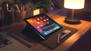 iPad A1474 iPad Touch: Como Resolver Problemas Comuns? 4 Imagem hiper-realista de um iPad A1474 em uma mesa de madeira moderna iluminada por lâmpada.