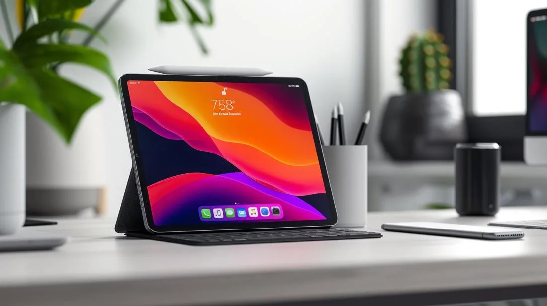 iPad A1822: Quais são suas especificações técnicas? 26 Fotografia hiper-realista do iPad A1822 em uma mesa minimalista com acessórios da Apple.