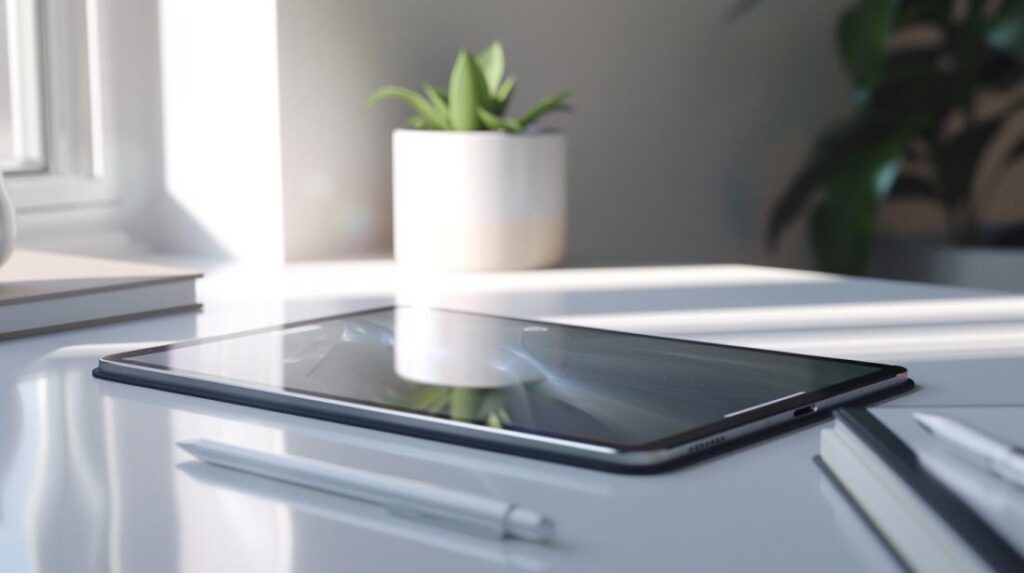iPad A2197: Quais são suas especificações técnicas? 2 Foto hiper-realista do iPad A2197 em mesa minimalista com fundo moderno, destacando design elegante.
