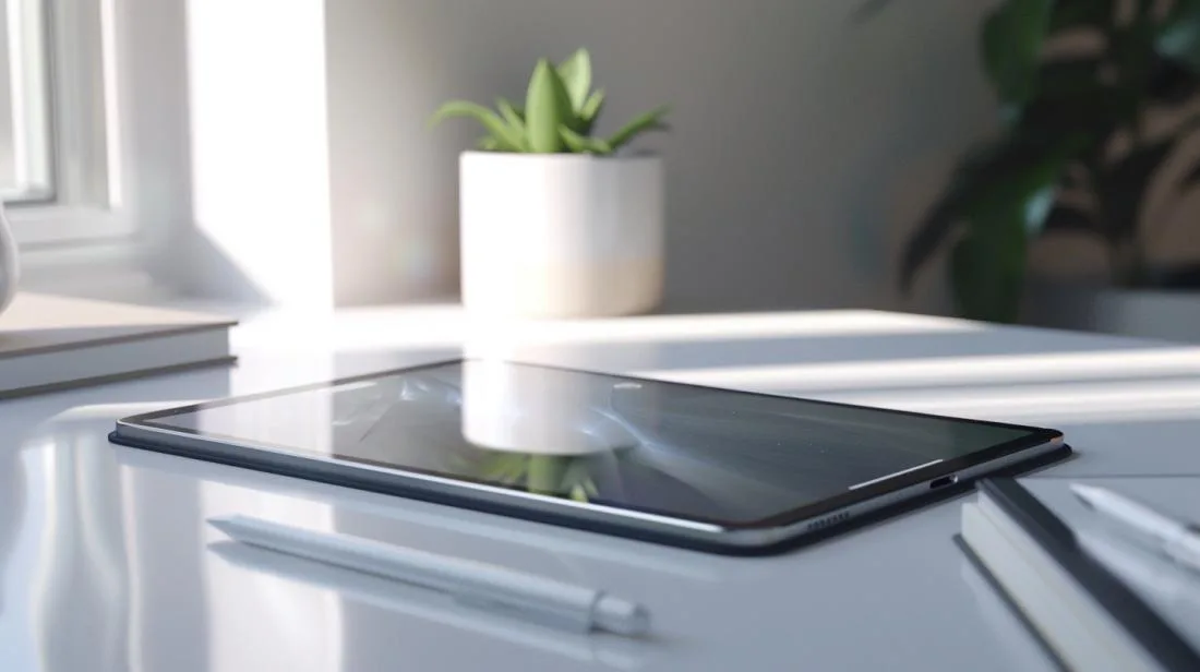 Foto hiper-realista do iPad A2197 em mesa minimalista com fundo moderno, destacando design elegante.