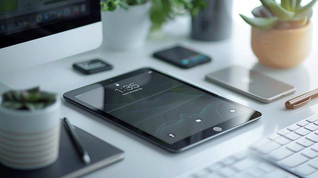 iPad Air recondicionado: vale a pena comprar? 6 Fotografia hiper-realista de um iPad Air recondicionado em um espaço de trabalho minimalista e elegante.