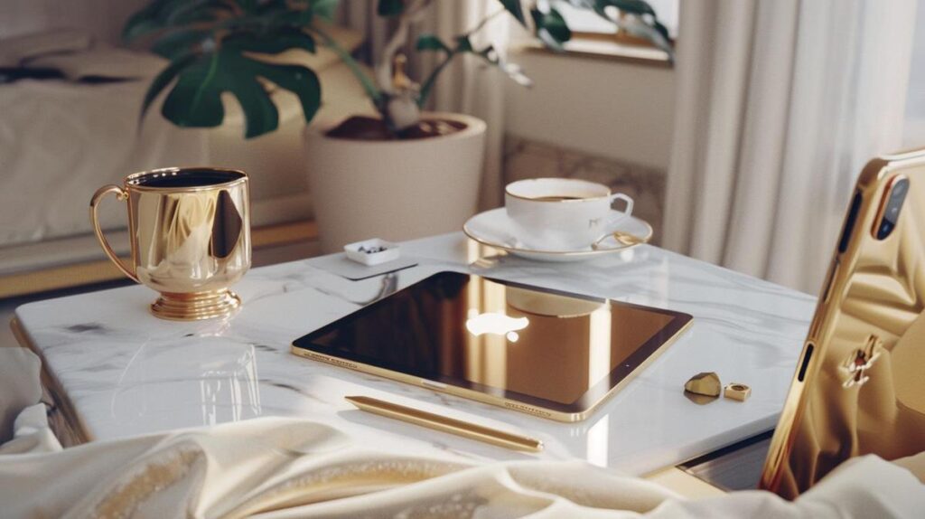 iPad Apple dourado vale a pena comprar? 2 Foto hiper-realista de um iPad Apple dourado em uma mesa de mármore branca elegante.