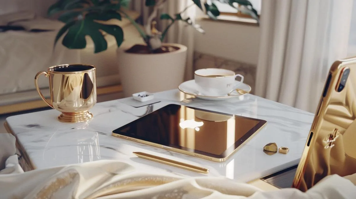 iPad Apple dourado vale a pena comprar? 29 Foto hiper-realista de um iPad Apple dourado em uma mesa de mármore branca elegante.