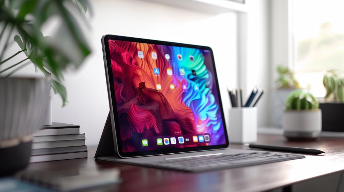 iPad MR7F2TY: Quais são suas principais especificações? 4 Uma fotografia hiper-realista do iPad MR7F2TY em uma mesa moderna e minimalista.