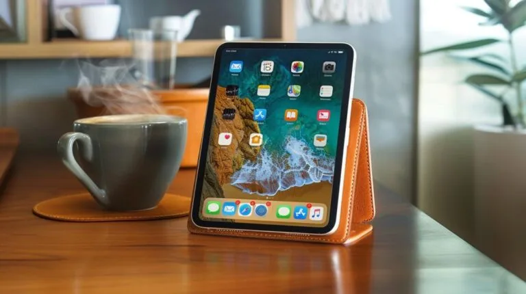 Fotografia hiper-realista da iPad Mini 4 com capa estilosa em mesa de madeira moderna.